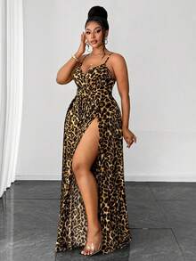 Maweii Plus Size Sexy Leopard Print Off-The-Shoulder Vacation Dress - Brown - View 4