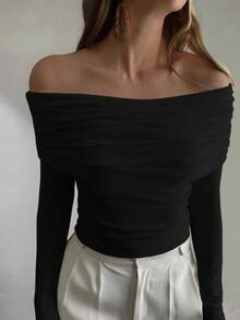 DAZY Women's Off Shoulder Fitted T-Shirt, Autumn/Winter New Arrival Long Sleeve - Black - View 3