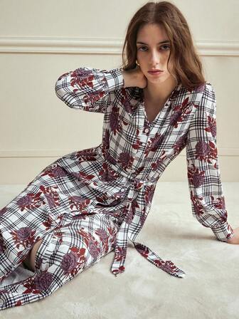 Écloséra French Vintage Dress Elegant Dress Spring Dress Long-Sleeve Dress Deep V-Neck Placket Dress Suitable For Daily Wear And Outings Textured Fabric Dress Floral Dress Spring Dress Women Elegant Dresses For Women Casual Long Dresses Floral Dresses For Women