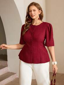 Roveilla Plus Size Women Solid Color Bamboo Knot Round Neck Waist A-Line Open Front Button Short Sleeve Chestnut Blouse Shirt, Elegant Vintage French Style For Office, Casual, Vacation, Afternoon Tea, Street, Simple Versatile, Spring/Summer New Burgundy Blouse Wine Red Top Red Blouses Work Blouse For Women Dark Red Tops Maroon Tops Office Blouse For Women - Red - View 3