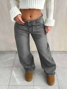 EURMUSE PETITE CASUAL LOW WAIST BAGGY LOOSE STRAIGHT LEG JEAN - Dark Grey - View 5