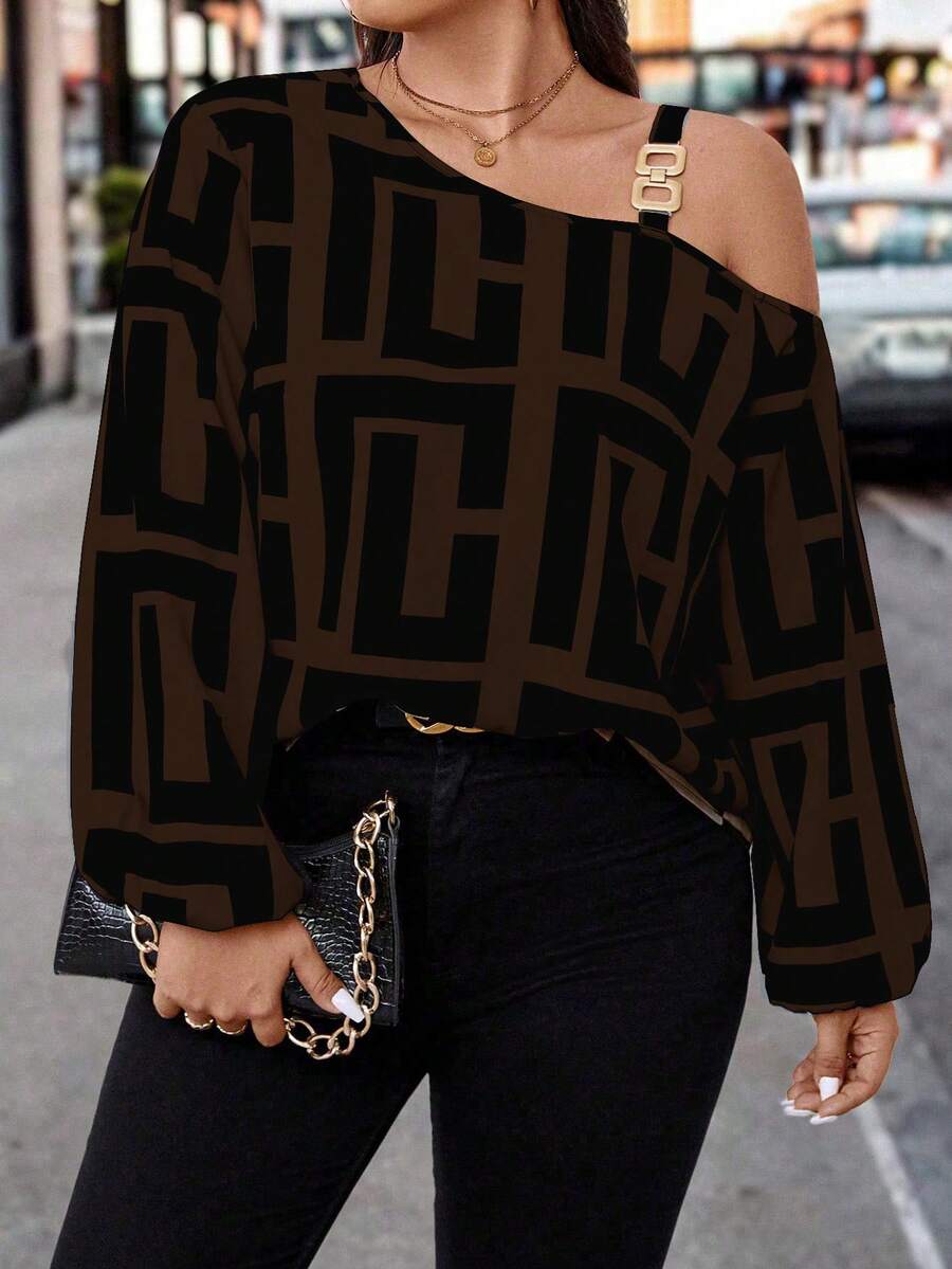 EMERY ROSE Plus Geo Print Asymmetrical Neck Lantern Sleeve Blouse,Chocolate Brown Autumn Elegant Night Out Club Thanksgiving One Shoulder Long Sleeve Top - Chocolate Brown - View 1