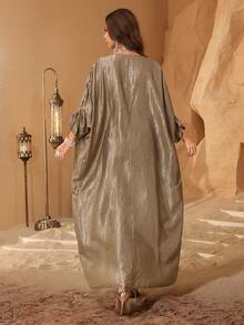 Al Najma 优雅奢华V领前襟缀满珍珠和水钻的蝙蝠袖连衣裙 - 香檳色 - 查看 8