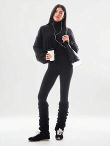 GLOWMODE Modal Soft Warm Curved Bubble Hem Waist Length Oversized Ribbed Cuffs High Neck Pullover Sweatshirt Daily - Black - View 7