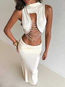 Aloruh 女士新款情人节套装，杏色，珍珠链饰，性感优雅奢华浪漫派对装，约会装，两件套 - 杏色 - 查看 6