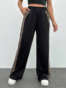 EURMUSE Leopard Trim Belly Detailed Long Wide Leg Black Pants - Black - View 4