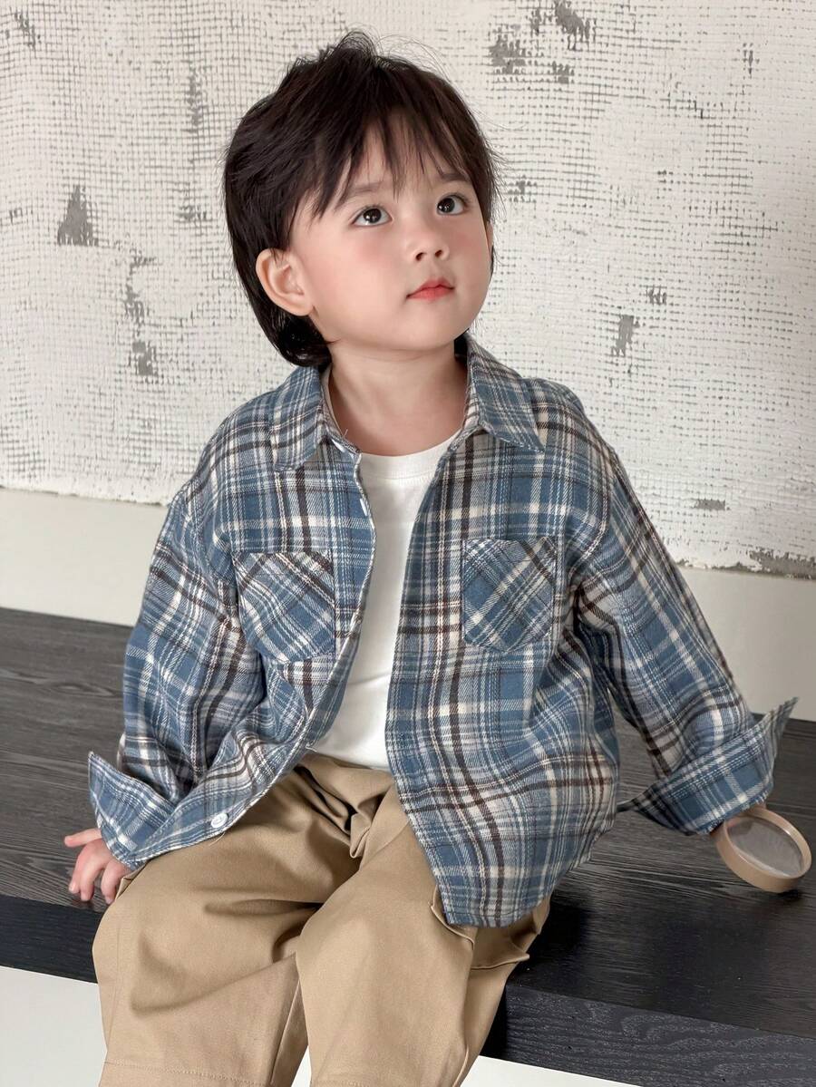 Dazy Kids 男童格子领休闲长袖上衣 - 藍色 - 查看 1