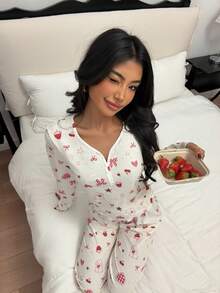 Bộ đồ ngủ dài tay dáng ôm ZzzCrew dành cho nữ, in hình nơ, trái tim, thỏ, trái cây và trang trí cúc. - Nhiều màu - Xem 5