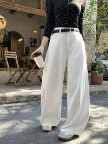 DAZY 女士水洗韩版纯色休闲宽松牛仔裤 - 白色 - 查看 6