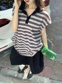 DAZY Women's Loose Striped Polo Collar Cap Sleeve T-Shirt - Blue - View 6