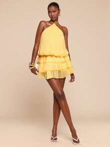 SHEIN BAE Women's Elegant Halter Tie Bubble Ruffle Jumpsuit, Spring/Summer - Yellow - View 1