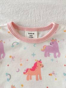 SHEIN 女婴休闲可爱撞色卡通图案针织紧身长袖家居服套装 - 彩色 - 查看 4