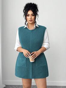 Elenzga 大码女式宽松针织圆领休闲无袖毛衣背心，带大口袋，纯色，秋冬款 - 霧霾藍 - 查看 6