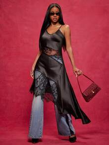 NYA SZN V领深V宽松缎面黑色蕾丝不对称下摆吊带高低摆街头风叠穿约会活动派对性感奢华长款连衣裙 - 黑色 - 查看 1