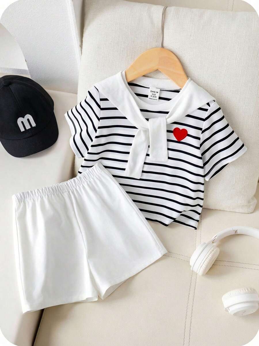 SHEIN 3件套男/女婴夏季可爱条纹短袖上衣、松紧腰短裤、披肩三件套，适合生日派对、晚宴、演出、婚礼、满月、洗礼、一周岁生日庆祝、迎婴派对等场合。 - 彩色 - 查看 1