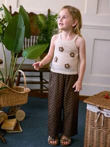 Blossori Vintage Floral Decor Knit Mesh Jacquard Young Girl' Cute Camisole In Light Khaki - Apricot - View 5