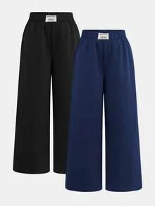 SHEIN 2件装少女休闲纯色蓝黑拼接宽松阔腿裤，黑色+粉色，休闲风格，返校季 - 藏蓝色 - 查看 10