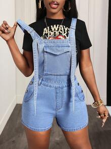 Slaydiva Women's Casual Denim Jumpsuit With Pockets And Button Design - Blue - View 1