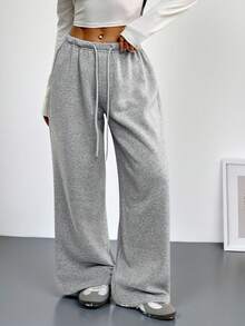 SHEIN PETITE Women's Casual Front Tie Waist Loose Sweatpants, Suitable For Autumn/Winter, Everyday Wear And Back To School - Grey - View 5