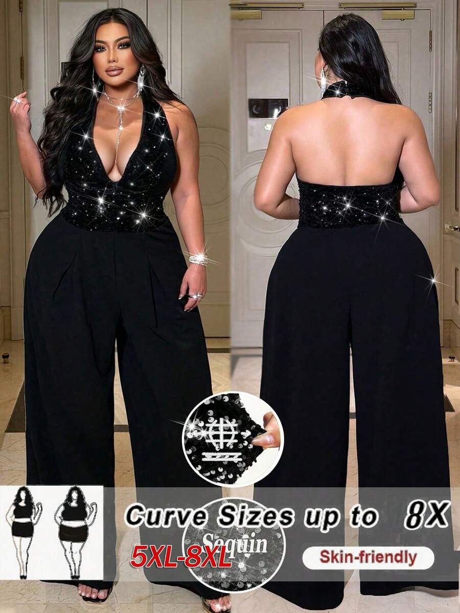 SHEIN CURVE+ Combinaison à paillettes et velours pour femmes grandes tailles, design à la mode, tissu patchwork, convient pour les concerts, mariages, fêtes, Noël, Nouvel An, anniversaires