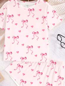 SHEIN Leap Crew Tween Girl Casual Minimalist Heart & Bow Print Round Neck Short Sleeve T-Shirt & Shorts 2-Piece Set, Suitable For Spring/Summer Daily, Holiday Party, Valentine's Day, Chill Chill - Multicolor - View 6