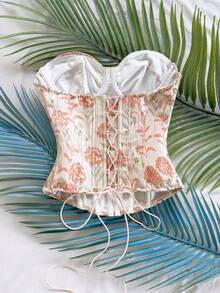 Soleia 性感露肩提花双层修身束身胸衣上衣，浪漫花卉镂空刺绣连体衣，时尚夜店女装 - 彩色 - 查看 2