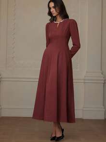 Chiquease Women's Keyhole Neck Fashionable Design Casual High-End Elegant Long Sleeve Solid Color Dress - Burgundy - View 1