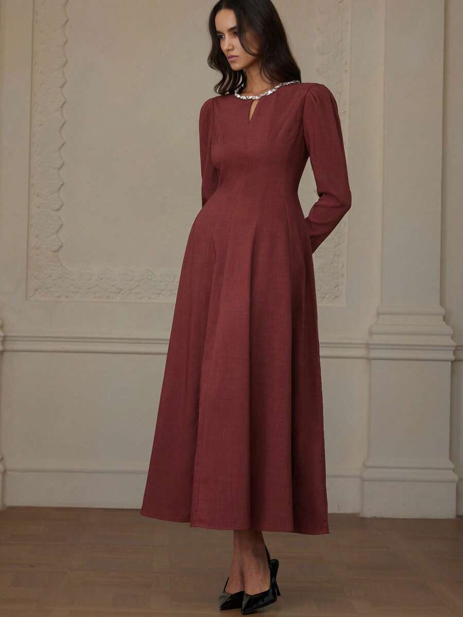 Chiquease Women's Keyhole Neck Fashionable Design Casual High-End Elegant Long Sleeve Solid Color Dress - Burgundy - View 1