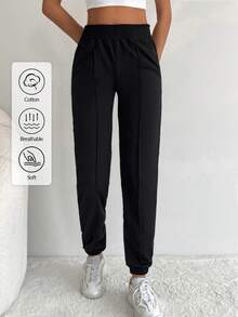 RueChic Solid Elastic Waist Joggers - Black - View 1