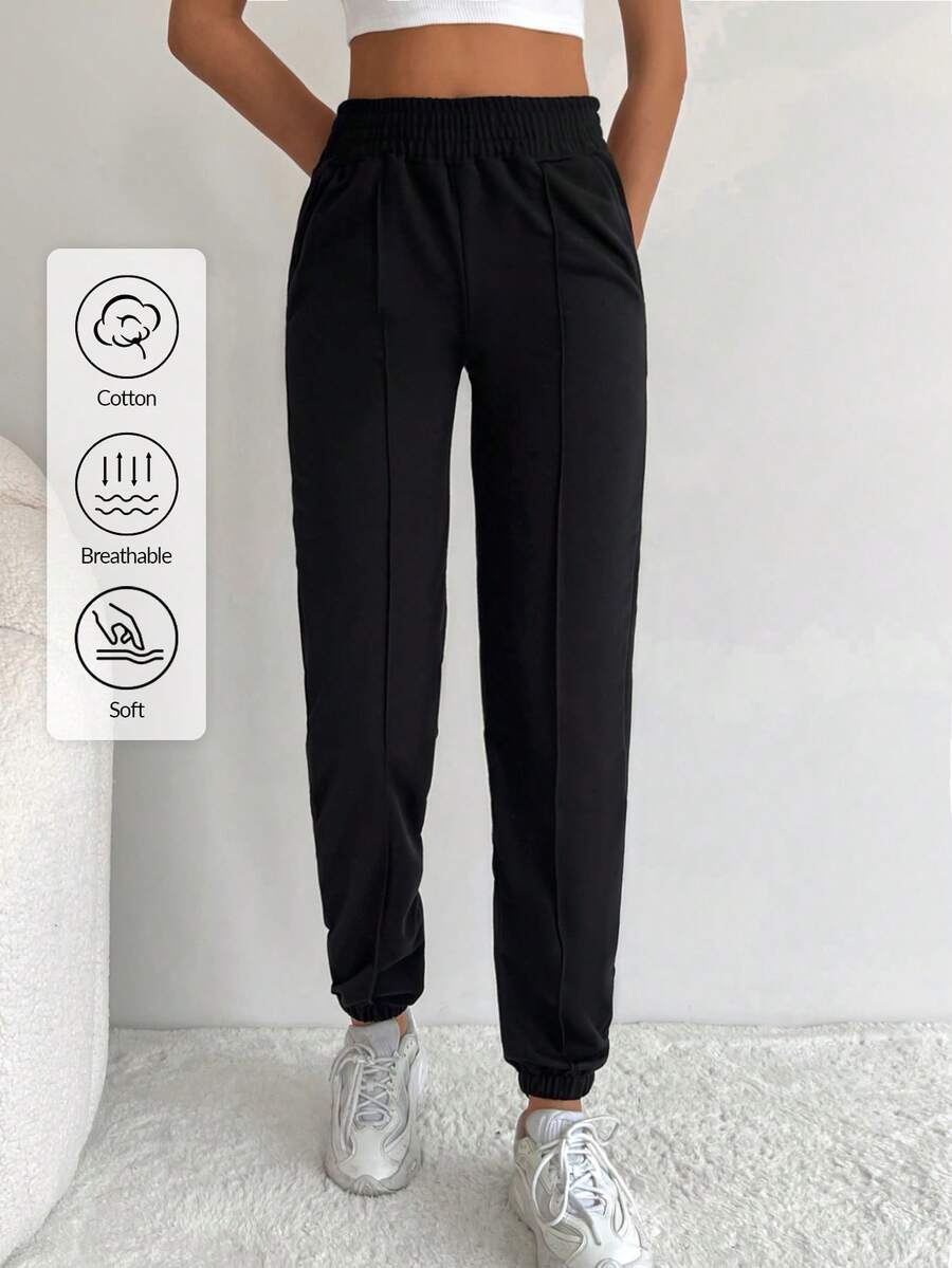 RueChic Solid Elastic Waist Joggers - Black - View 1
