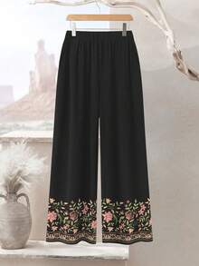 Lacomfia Bộ 2 món dành cho nữ cỡ lớn, họa tiết hoa in kỹ thuật số, thời trang mùa xuân, gồm áo và quần dài cổ tròn tay dài vạt bất đối xứng dáng rộng. - Nhiều màu - Xem 4