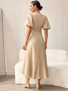 MaterniWear Maternity Clothes Maternity Dress Elegant Office Attire For Commuting Summer Khaki Round Neck Short Puff Sleeve Belted Waist Elegant Cotton Dress - Apricot - View 2