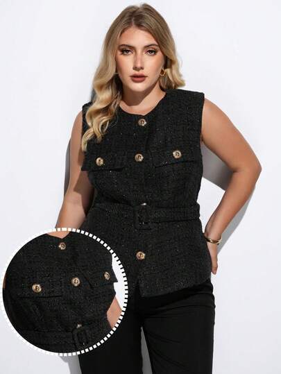 Maija Chaqueta elegante de cuello redondo sin mangas de un solo pecho para mujer de talla grande, negra, ideal para otoño, vuelta al colegio, homecoming, modesta, vintage, mujer de dinero antiguo, maestra, romántica, de moda, versátil, cómoda, elegante, casual, para uso diario, esencial, de unicolor, casual de vacaciones, decente, soltera, elegante, casual de negocios, para salir, para graduación, maestra, para salir, para mujer, casual de negocios, de invierno