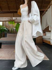 DAZY Women's Casual Loose Striped Wide Leg Pants, Spring/Summer, Korean Style - Beige - View 1