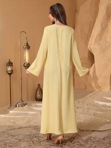 Al Najma 优雅的中东阿拉伯风格重工刺绣网纱领长款连衣裙，适合正式场合 - 黃色 - 查看 2