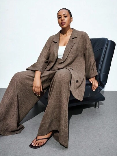 Maija Plus Size 2026spring&Summer New Casual Versatile Style Long Sleeve Loose Plus Size Coat & Pants Suit Set Spring To Summer Spring Outfit Womenvalentine's Day Carnival Fasching Women Costume Party Beach Wedding Vacation Casual