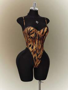 SHEIN ICON 夏季女士西部波西米亚嬉皮哥特风外出科切拉音乐会俱乐部动物纹性感时尚街头别致虎纹高开衩连体衣，夏季 - 彩色 - 查看 11