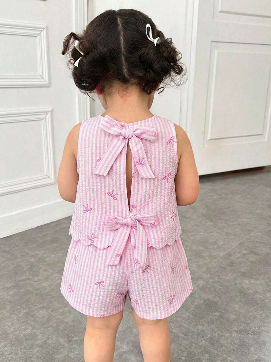 2件組女嬰休閒純色圓領上衣,背面飾有3D蝴蝶結,搭配短褲套裝,藍色,女嬰 - 彩色 - 查看 1