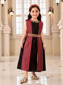 SHEIN 女童精美花卉印花腰带亮片睡袍，时尚优雅，适合派对和外出穿着。 - 黑色 - 查看 4