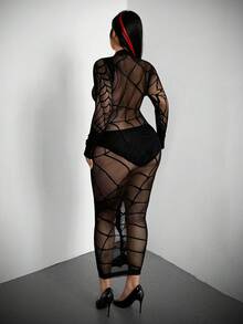 Whyspr Plus Size Women Sexy Long Sleeve Hollow Out Dress Valentines Casual Punk - Black - View 3