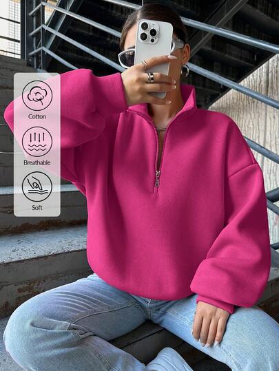 SHEIN Cottnline Women's Solid Color Drop Shoulder Front Zip Sweatshirt