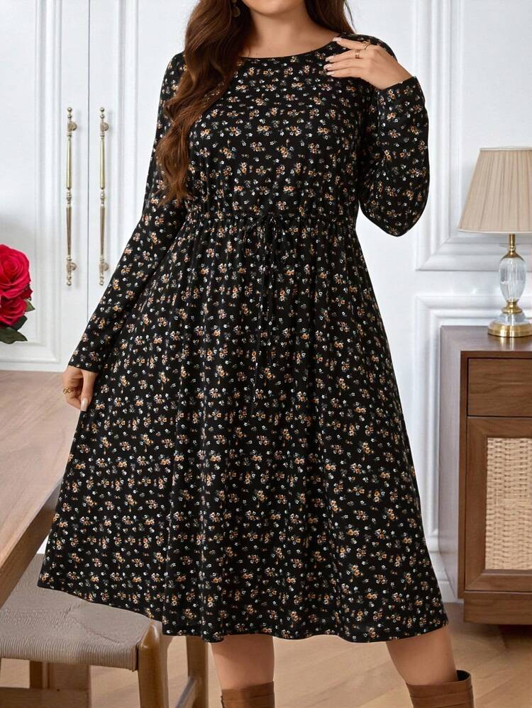 Plus Size Women's Fall/Early Spring Casual Fashion Vacation  Floral Print Round Neck Long Sleeve Dress, Boho Dress Women,Flowy Dress,Going Out Outfits,2026 New Clothes,Simple And Fashionable For Everyday Wear,Early Spring,Vacation Outfits Women ,Holiday Outfits For Women,Spring Outfit Women,Valentine's Day ,Valentine Outfits For Women , Black Floral Dress, Women Long Sleeve Dress, French Style Dress,Flower/Summer