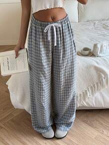 CovetEZ Women's Casual Plaid Lace-Up Loose Fit Pants - Blue - View 6