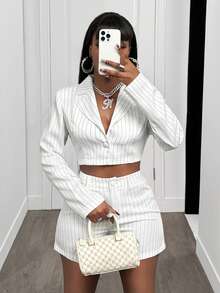 BamGleam Women's Striped Notched Collar Single-Breasted Casual/Work Lightweight Long Sleeve Blazer