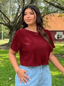 SHEIN EZwear 大码女式纯色圆领短袖露脐休闲T恤 - 紅色 - 查看 6