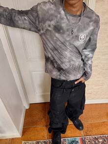 Manfinity Roghcode Men's Distressed Waffle Fabric, Tie-Dye Effect, Letter Print Long Sleeve T-Shirt, Youthful Streetwear, Fashionable Men S Sweatshirts Acid Wash Hoodie Tie Dye Shirt Men S Long Sleeve Grey Sweater Men Men Long Sleeve Knit - Black - View 5