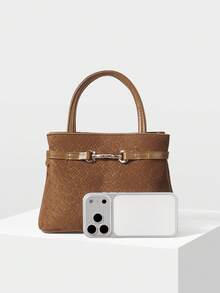 MOTF PREMIUM BOLSO DE MANO PARA MUJER NEGRO SÓLIDO CON TEXTURA Y HEBILLA METÁLICA ACENTUADA PARA COMMUTER - Tejido de café - Ver 3