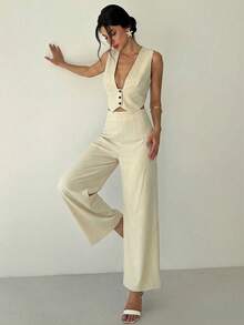 Firerie 2pcs Women Elegant Casual Minimalist Commute Office Daily Vacation V-Neck Sleeveless Blue & White Striped Vest & High Waist Wide Leg Straight Blue & White Striped Pants Set, Hawaii Vacation Outfit - Apricot - View 3