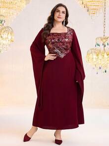 Al Najma Plus Size Women's Square Neck Cinched Waist Elegant Arabic Style Dress - Burgundy - View 2