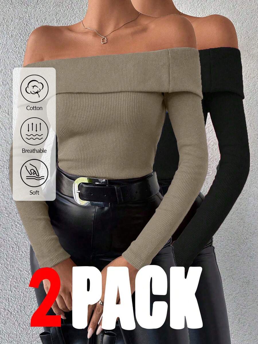 EURMUSE Conjunto de 2 piezas de tops casuales de algodón de unicolor con hombros descubiertos, negro y rojo - Multicolor - Ver 1